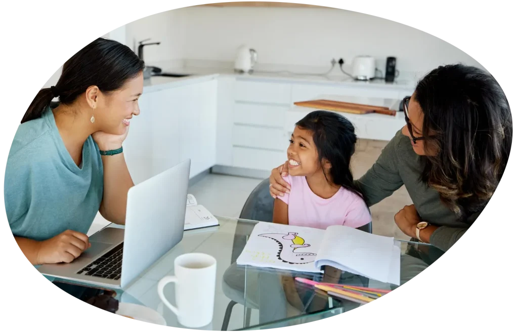 Education learning and working with a girl or student studying while her mother does remote work from home